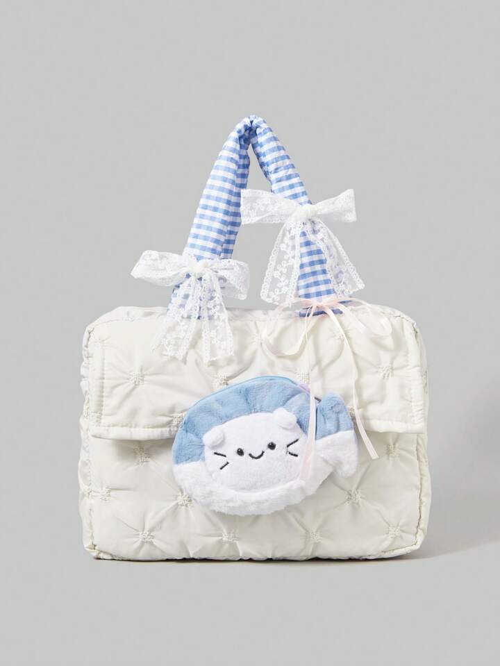 Kawaii Cat Eating Fish Pattern Laptop Bag, Casual Minimalist Organizer Bag For Everyday Use