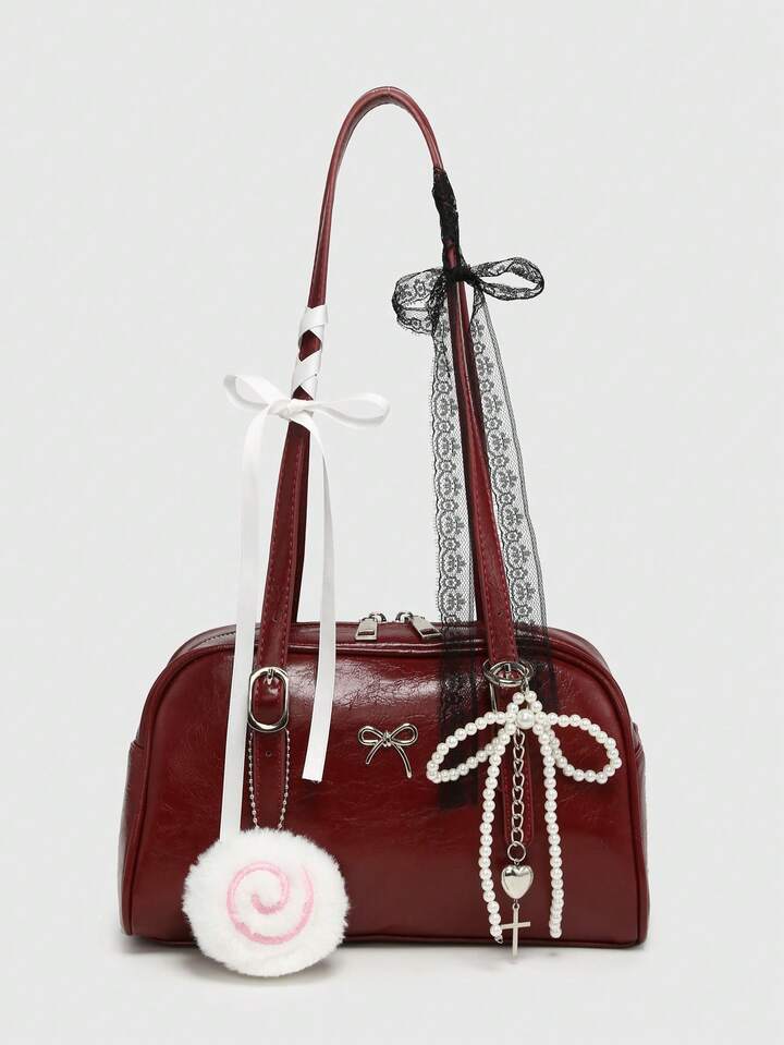 Kawaii Vintage Cute Style Women's Plaid Shoulder Bag With Bowknot, Cherry & Heart Decoration, Multi-Pocket Boston Bag, School, Street & Japanese Bag For Women
