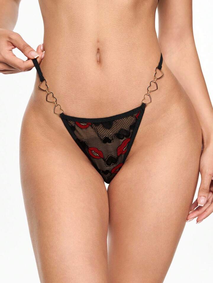 Kawaii 1pc Sexy Lace & Metal Heart Decor Sheer Panty For Women