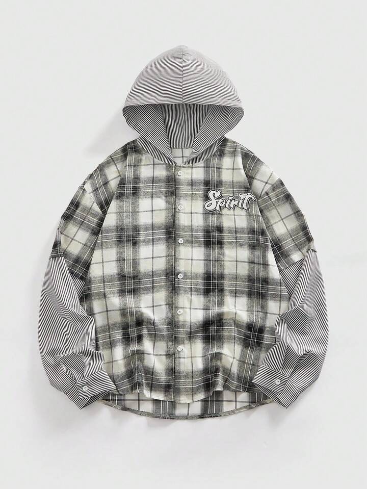 Prep Men's Letter Graphic Plaid Long Sleeve Single-Breasted Casual Hooded Jacket