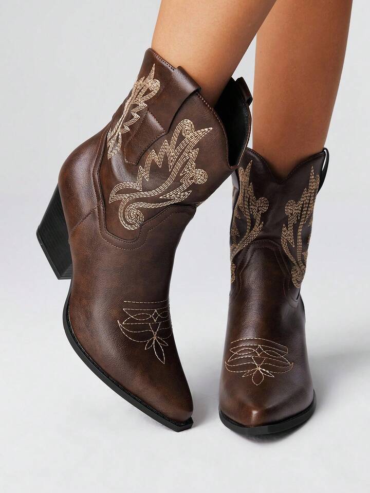 Fairycore Women's Pointed Toe Block Heel Symmetrical Embroidered Western Boots, Leather Slip-On Ankle Bootie & Short Boots, Autumn/Winter New Arrival For Christmas