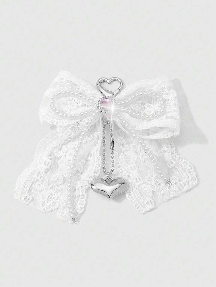 Kawaii 1pc Elegant Minimalist Cute Fashionable High-Quality White Lace Leather Bow Star Heart Decor Silver Chain Keychain, Suitable For Women, Daily Wear Or Gifts