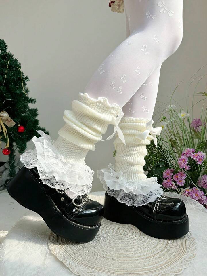 Fairycore 1 Pair Of Cute White Knitted Socks, Spring Multi-Layer Lace Stacking Socks, Lolita Style Fungus Edge Bow Leg Cover