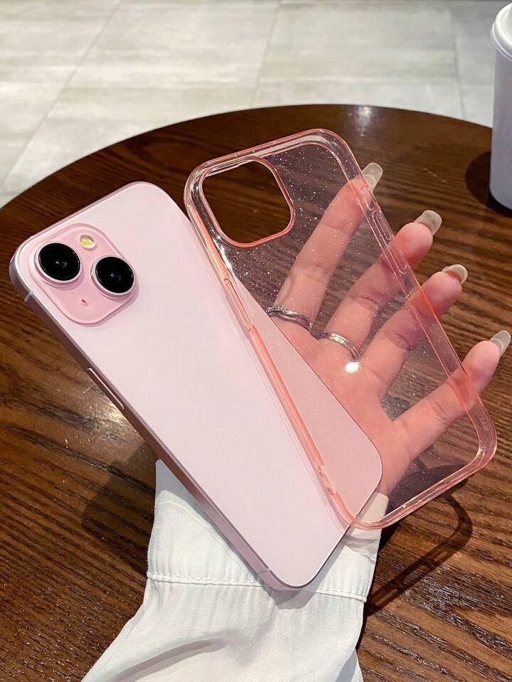 1pc Simple Translucent Pink Phone Case With Glitter Compatible With IPhone 11, Iphone 13, Iphone 14, Iphone 15 And Other Iphone Models