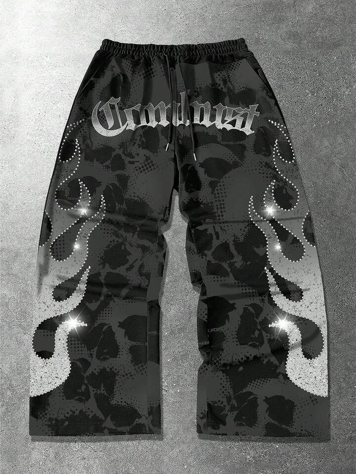 Men's Shiny Gray & White Flame Digital Print Drawstring Waist Loose Sweatpants