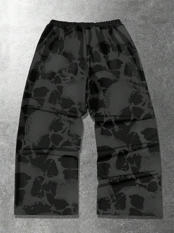 Men's Shiny Gray & White Flame Digital Print Drawstring Waist Loose Sweatpants