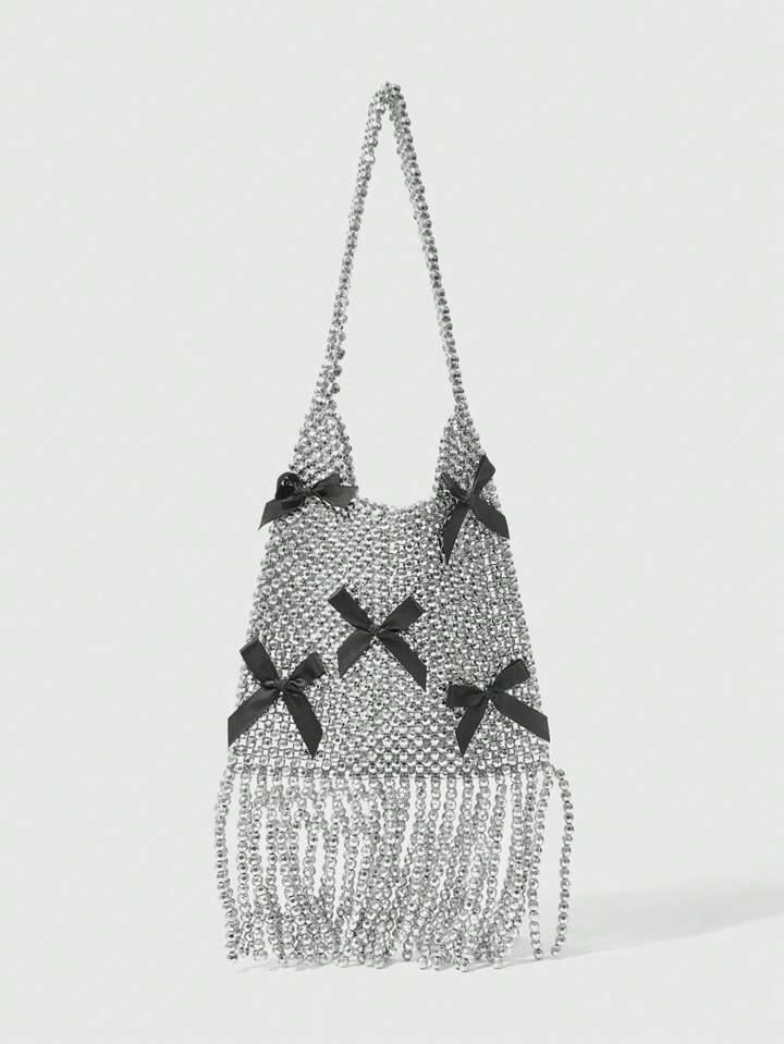 Goth Black Bow Decor Pearl Embellished Luxury Tassel Evening Bag Valentines