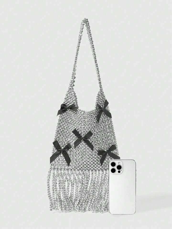 Goth Black Bow Decor Pearl Embellished Luxury Tassel Evening Bag Valentines