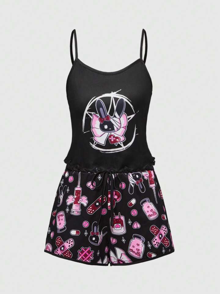Kawaii Gothic Bunny & Pentagram Print Camisole & Shorts Pajama Set, Casual Sleepwear