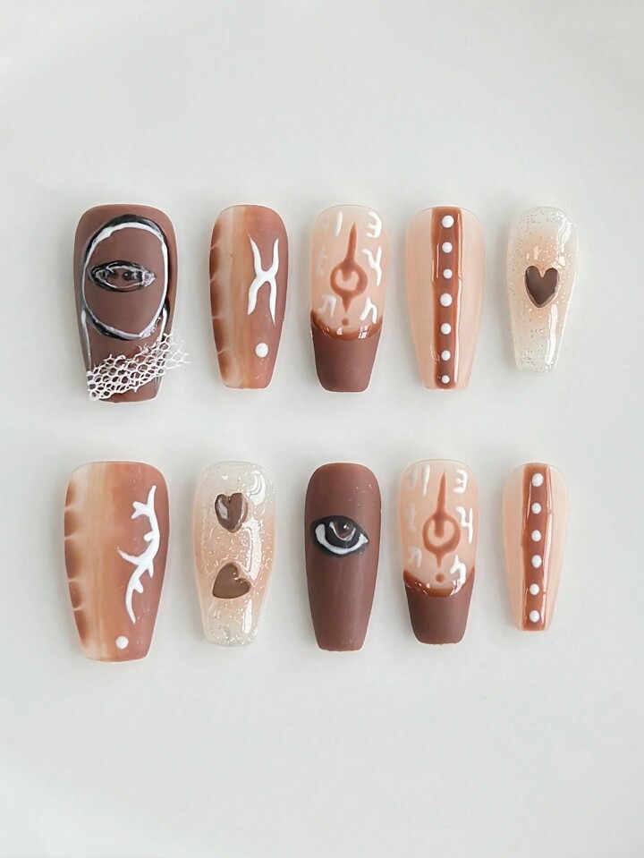 Grunge Punk 10pcs Fall Punk Style Hand-Painted Nail Stickers + 3pcs Double-Sided Adhesive, Desert-Themed DIY Nail Art Stickers, Personalized Design For Daily Wear & Party