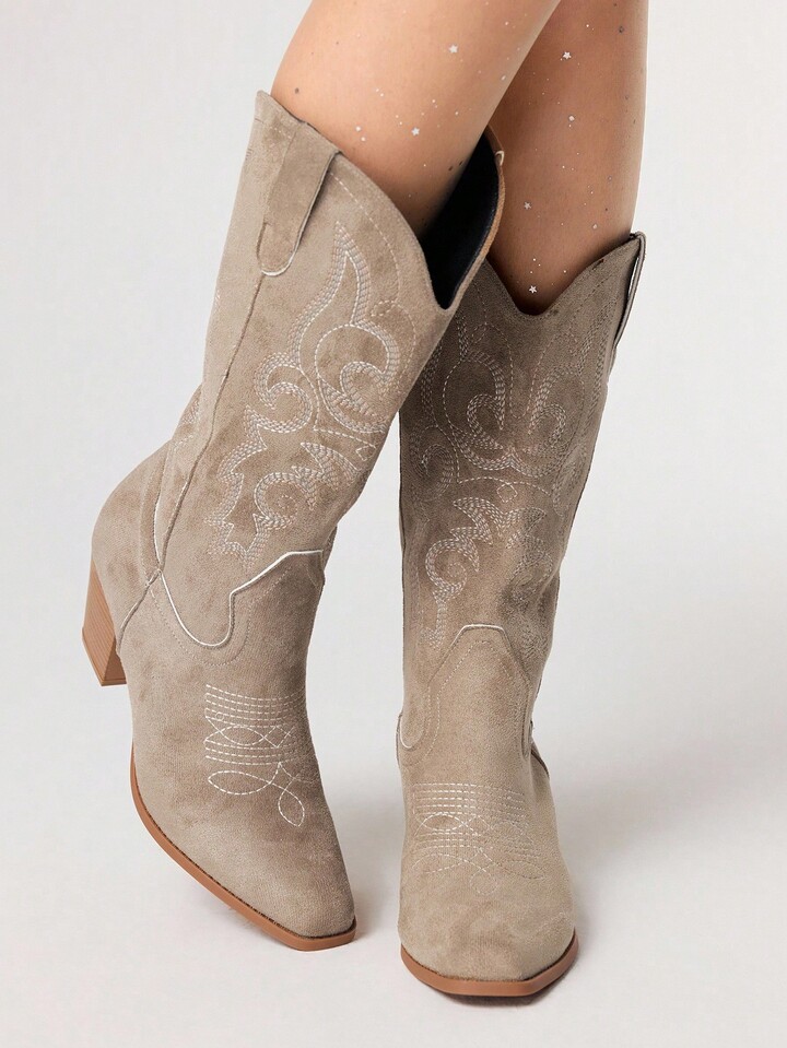 Fairycore Women's Cowgirl Boots, Slip-On Embroidery Detail Western Boots, Suede Outdoor Fashion Casual Mid-Calf Riding Boots For Christmas