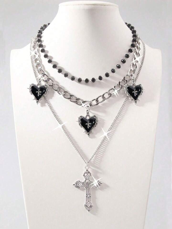 Goth 2pcs Punk Vintage Style Rhinestone Star Pendant Necklace, Luxury Iced Out Double Layer Star Chain Necklace, Streetwear Choker