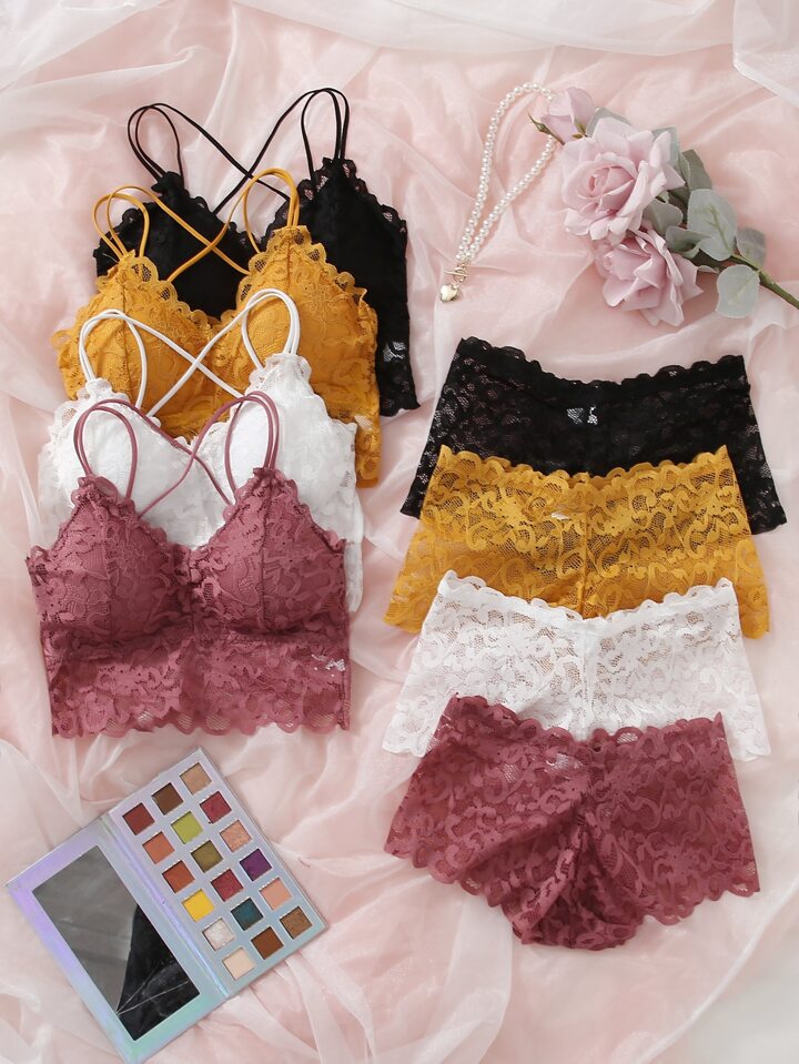 4packs Floral Lace Criss Cross Bra & Boyshorts Lingerie Set