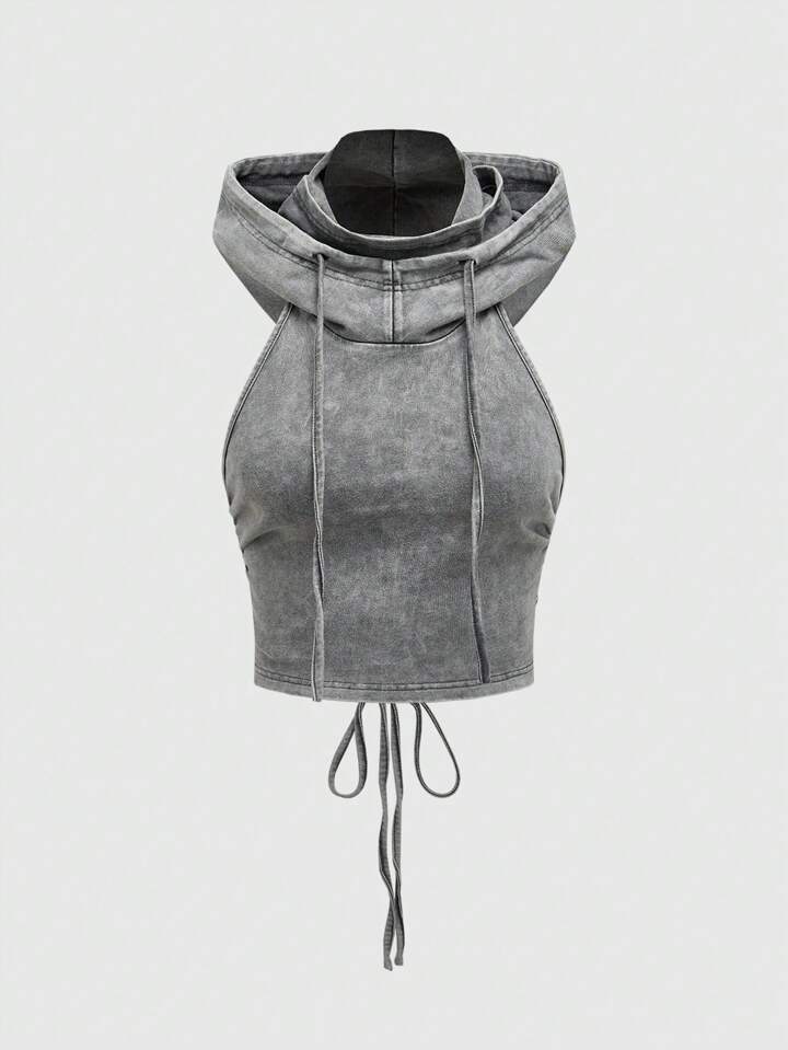 Grunge Punk Punk Apocalyptic Music Festival Hooded Open Back Drawstring Design Fitted Cropped Women Tank Top