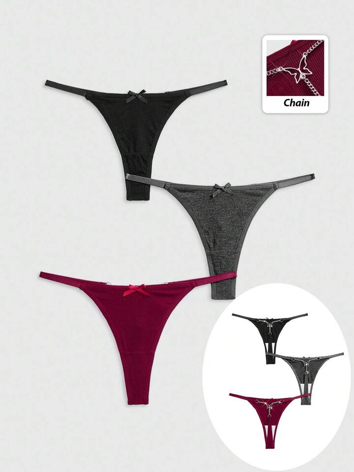 J-Fashion Y2K Shibuya Girl 3pcs Set, & Comfortable Ribbed Bowknot & Chain Thong Panty