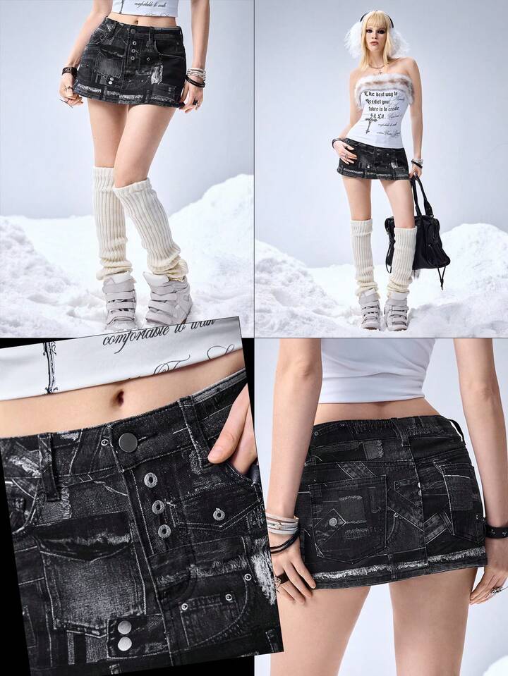 Grunge Punk Kpop Patchwork Remake Print Low Waist Mini Denim Skirt For Women