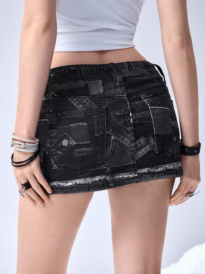 Grunge Punk Kpop Patchwork Remake Print Low Waist Mini Denim Skirt For Women 3 Grunge Punk Kpop Patchwork Remake Print Low Waist Mini Denim Skirt For Women