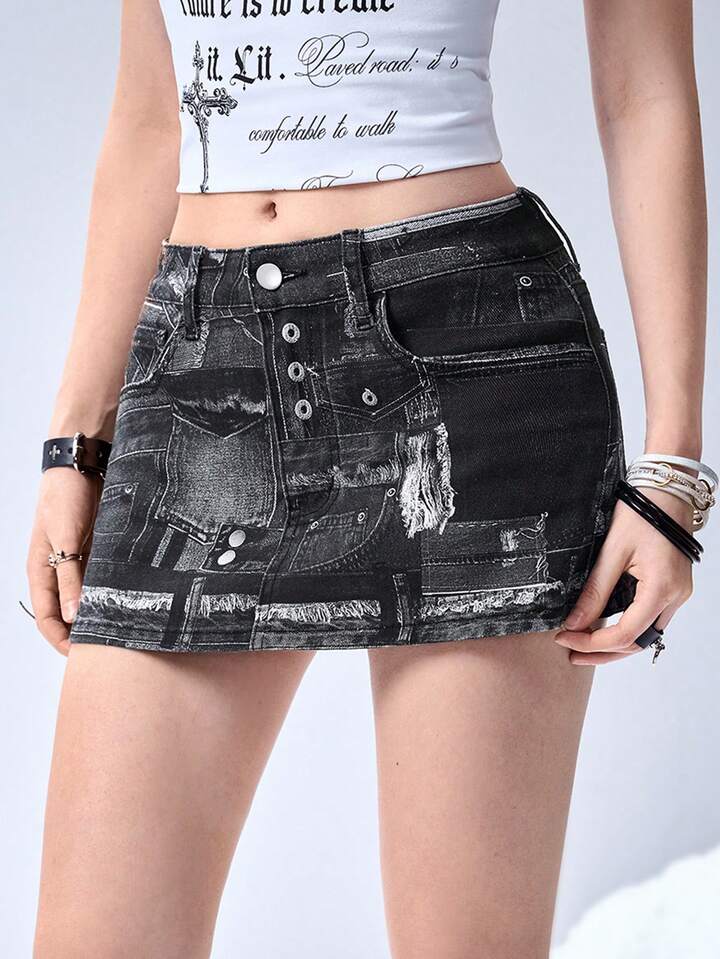 Grunge Punk Kpop Patchwork Remake Print Low Waist Mini Denim Skirt For Women 4 Grunge Punk Kpop Patchwork Remake Print Low Waist Mini Denim Skirt For Women