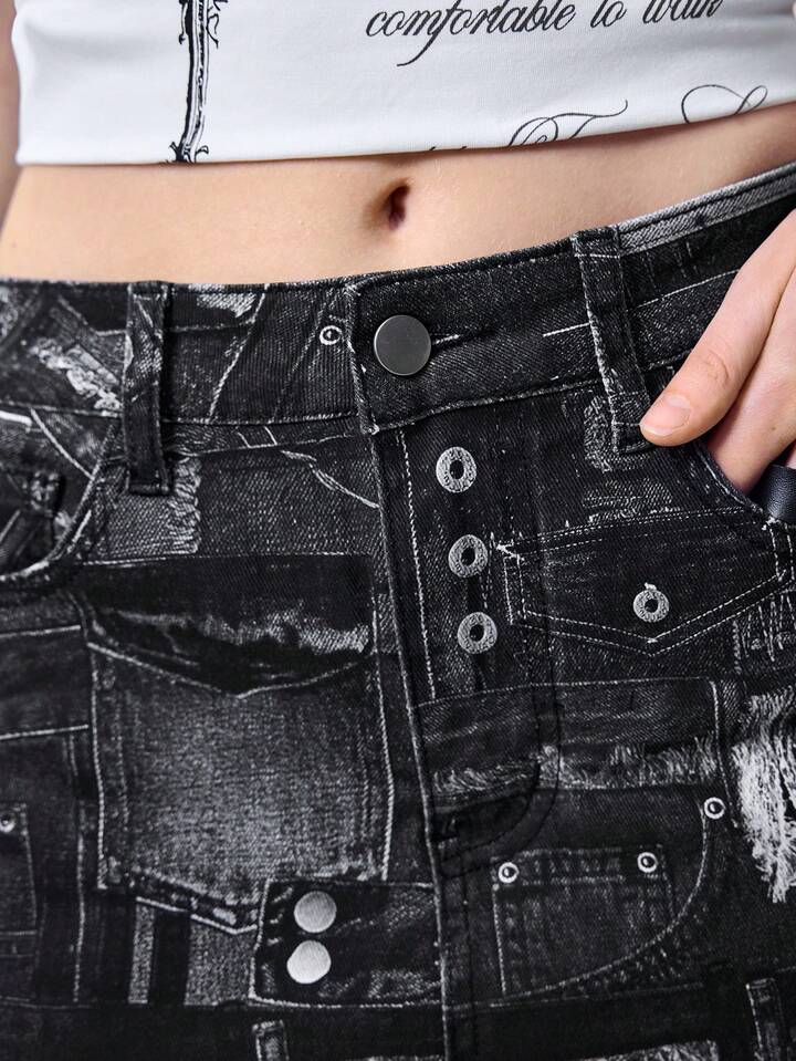 Grunge Punk Kpop Patchwork Remake Print Low Waist Mini Denim Skirt For Women 7 Grunge Punk Kpop Patchwork Remake Print Low Waist Mini Denim Skirt For Women