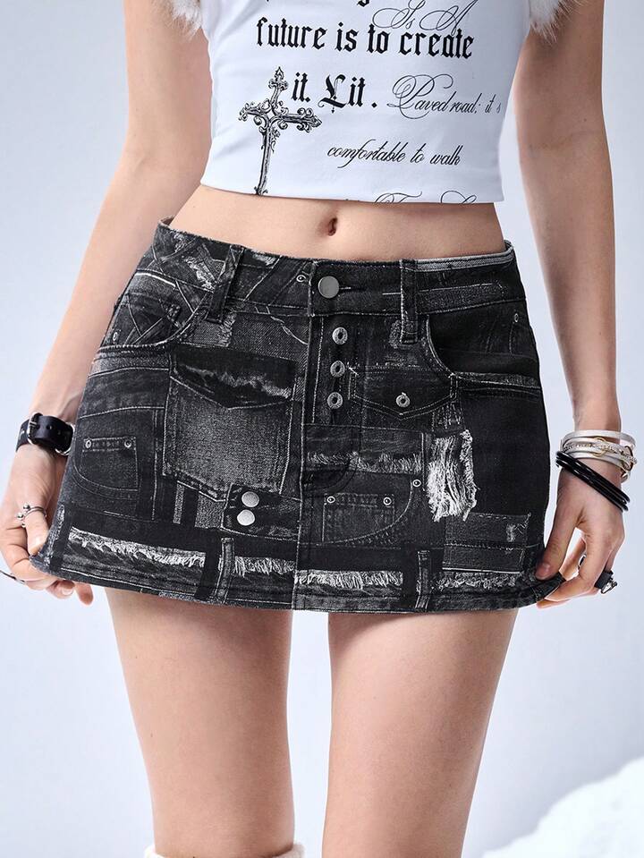 Grunge Punk Kpop Patchwork Remake Print Low Waist Mini Denim Skirt For Women 8 Grunge Punk Kpop Patchwork Remake Print Low Waist Mini Denim Skirt For Women