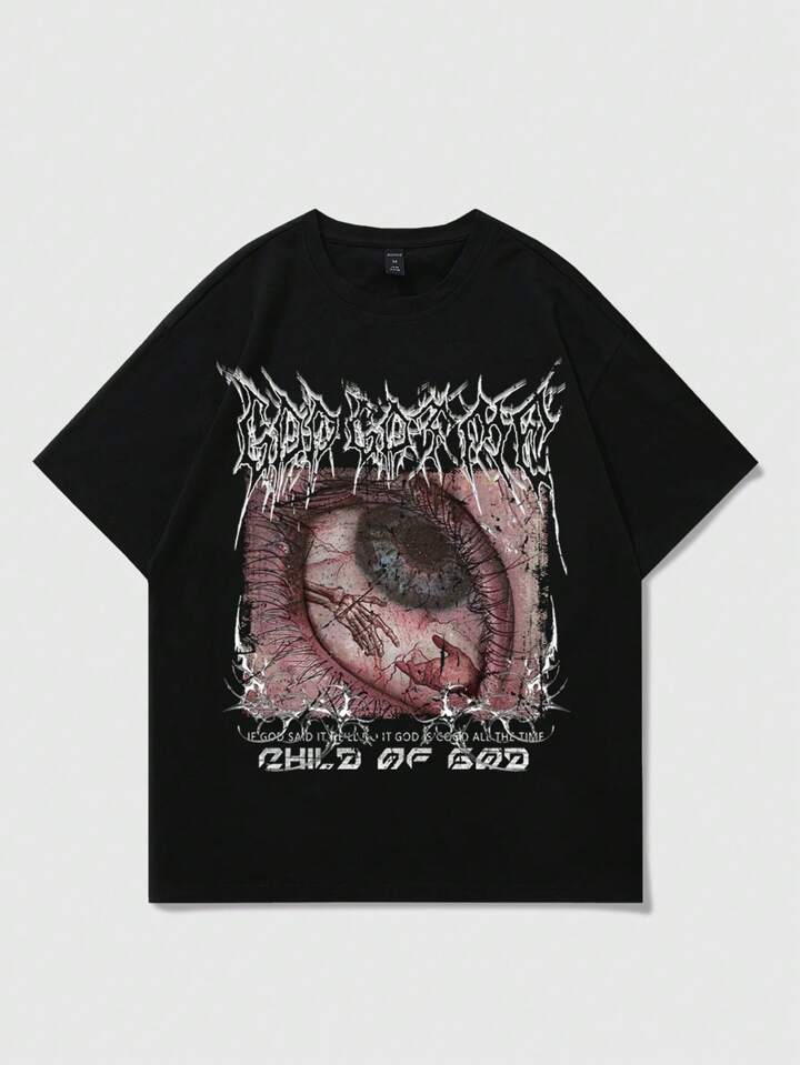 Grunge Punk Men's Gothic Eye Graphic Print Round Neck Short Sleeve Casual Versatile T-Shirt, Halloween