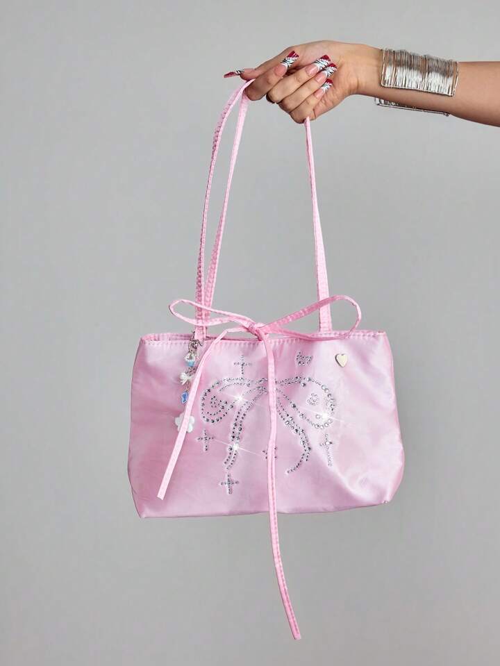 Kawaii Sweet Cute Pink Bow & Heart Rhinestone Decor Pearl Satin Shoulder Bag For Women Y2K Cross & Star Flower Decor Tie Up Tote Bag, Suitable For Vacation, Travel, Shopping, Commute