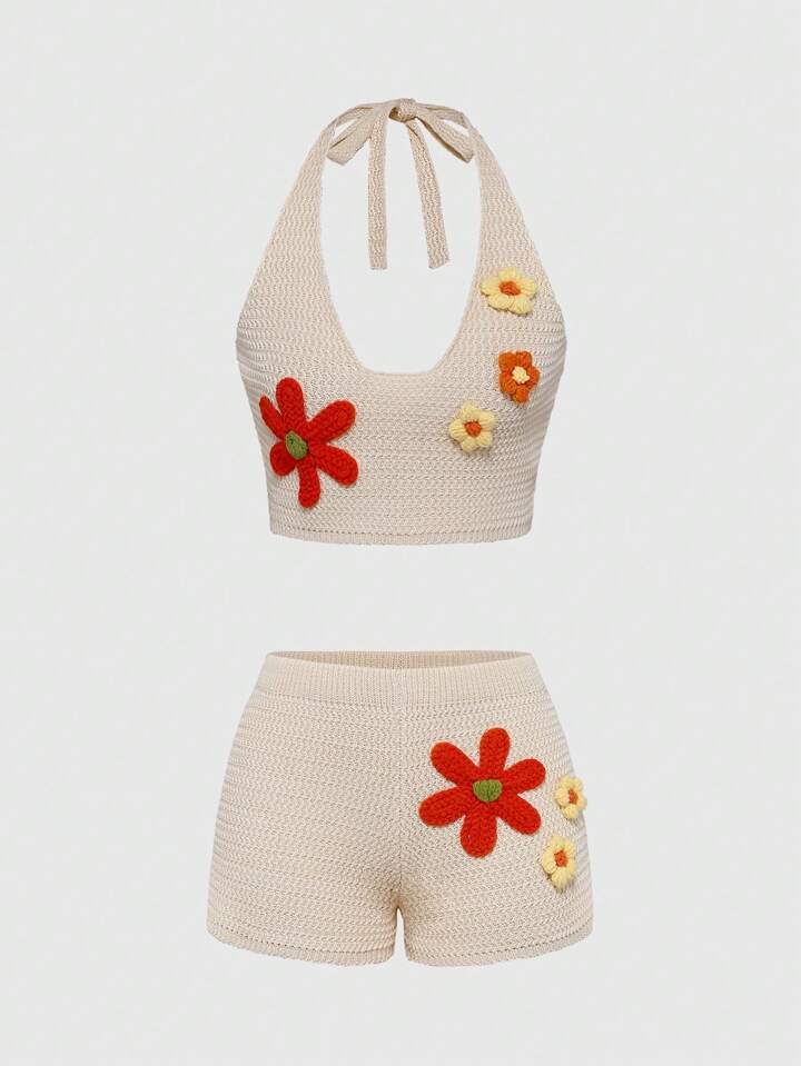 Women's Solid Color Knitted 3D Floral Camisole Top And Floral Shorts Set, Spring/Summer