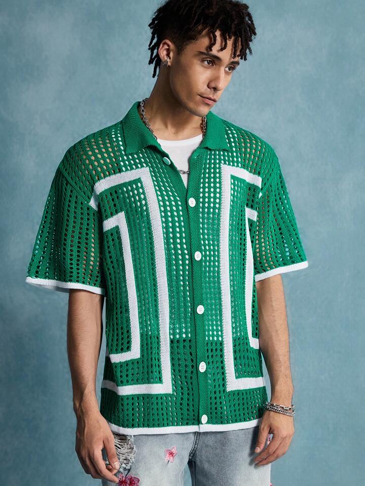 Casual Men's Lapel Collar Open Front Hollow Cardigan, Streetwear Fashion