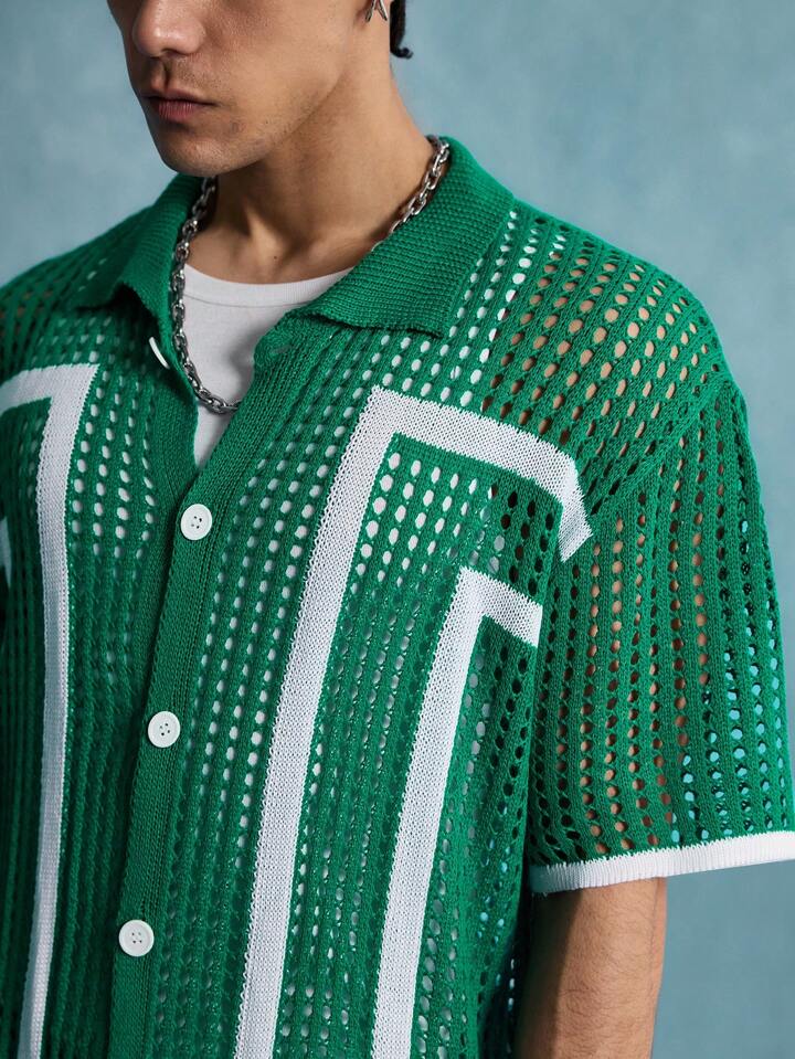 Casual Men's Lapel Collar Open Front Hollow Cardigan, Streetwear Fashion