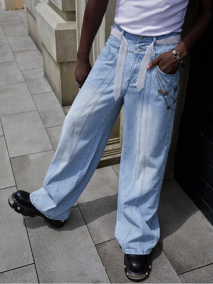 Street Life Men's Double-Layer Waistband Pocket Wide-Leg Loose Jeans