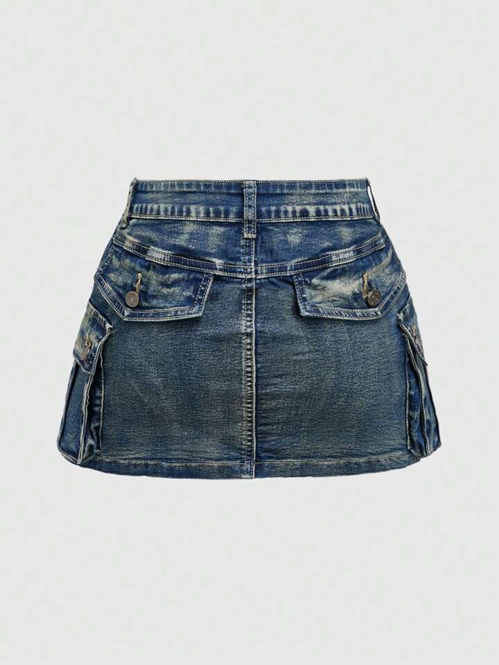 Kawaii Plus Size Kpop Y2K Zip-Up Vintage Washed Low Waist Mini Denim Skirt