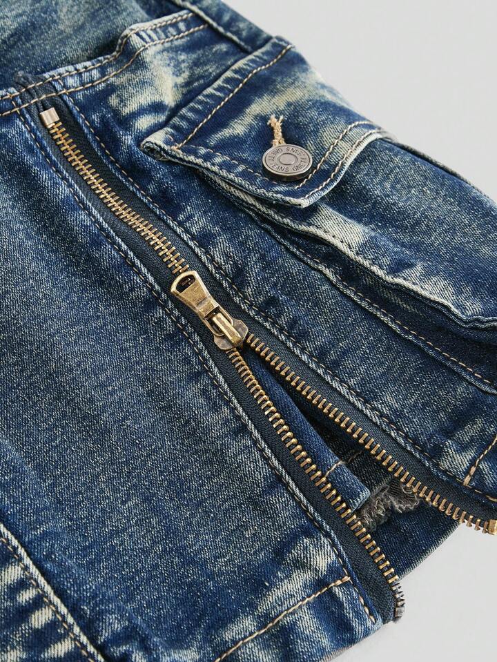 Kawaii Plus Size Kpop Y2K Zip-Up Vintage Washed Low Waist Mini Denim Skirt