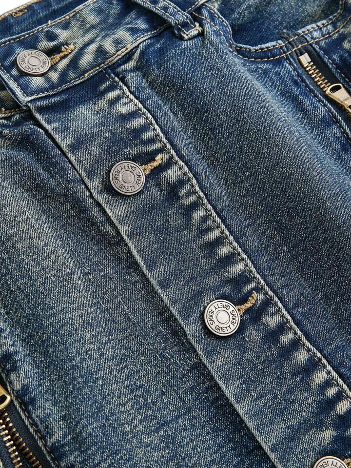 Kawaii Plus Size Kpop Y2K Zip-Up Vintage Washed Low Waist Mini Denim Skirt