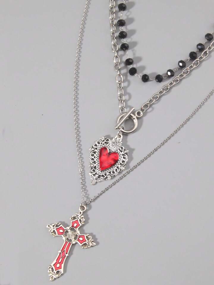 3pcs Gothic Dark Glass Crystal Cross, Heart Pendant Necklace, Personalized Hip Hop Multilayer Necklace For Women, Holiday Gift, Halloween