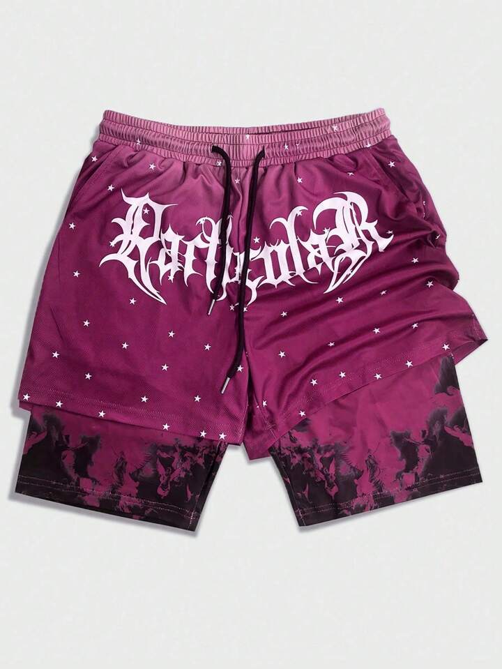 Prep Men's Star & Letter Print Basketball Shorts With 2 In 1 Design