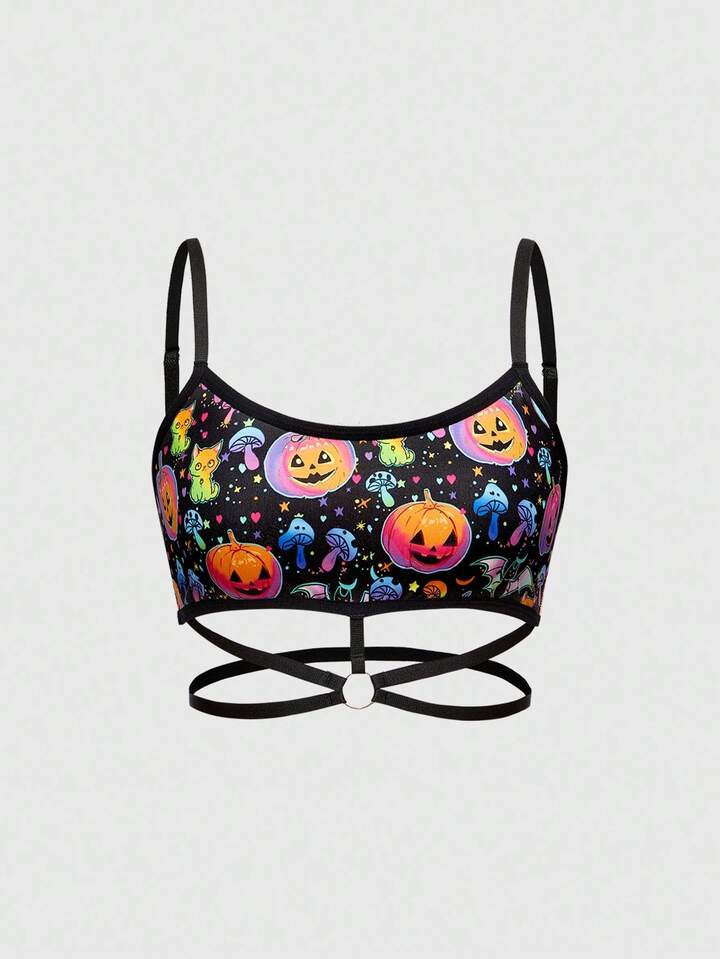 ROMWE Avant Halloween Spooky Iridescent Pumpkin, Bat, Mushroom Print Wireless Bra For Women