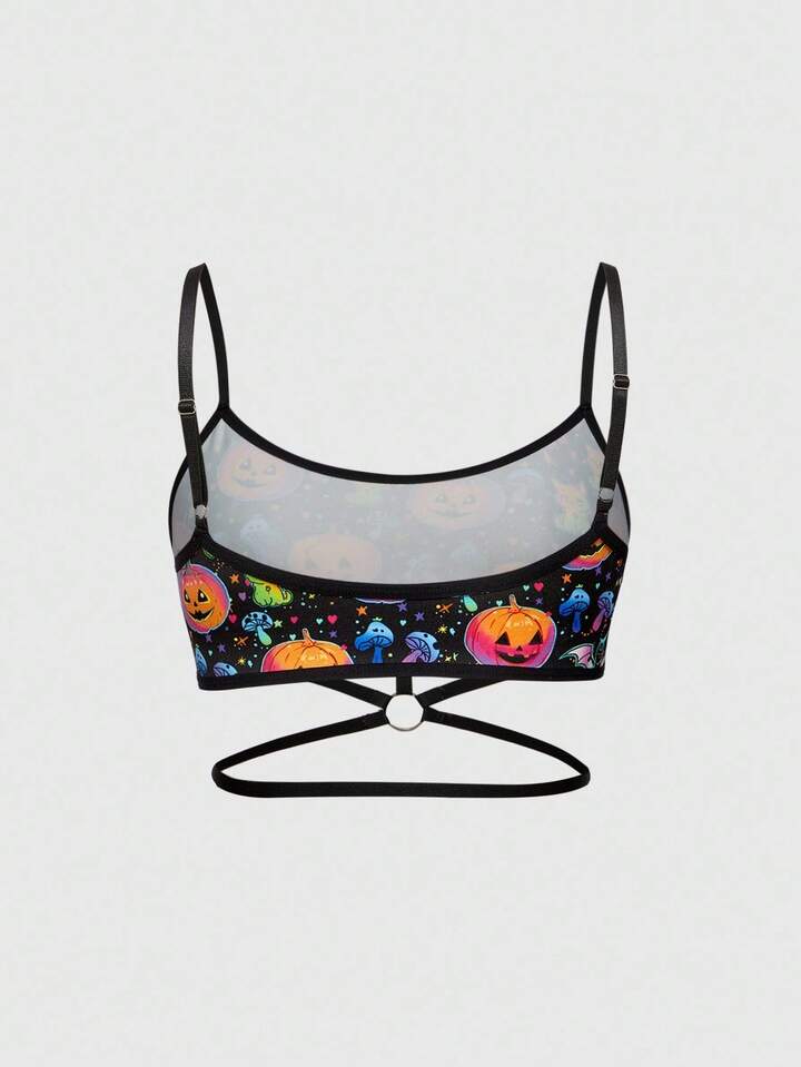 ROMWE Avant Halloween Spooky Iridescent Pumpkin, Bat, Mushroom Print Wireless Bra For Women 2 ROMWE Avant Halloween Spooky Iridescent Pumpkin, Bat, Mushroom Print Wireless Bra For Women