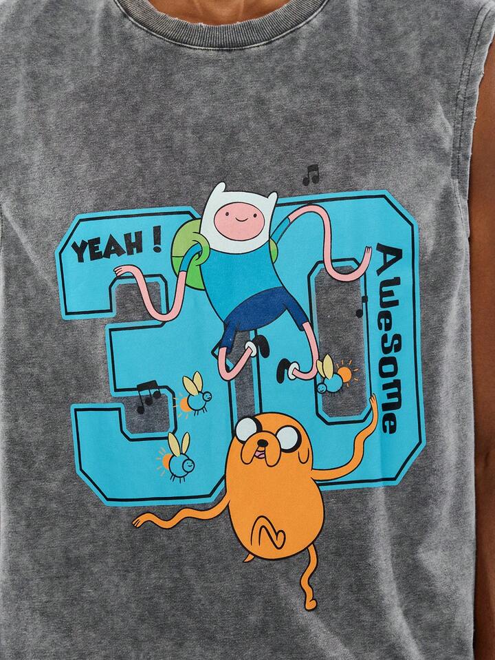 Adventure Time X ROMWE Men's Casual Graphic & Numeric Print Washed Tank Tops