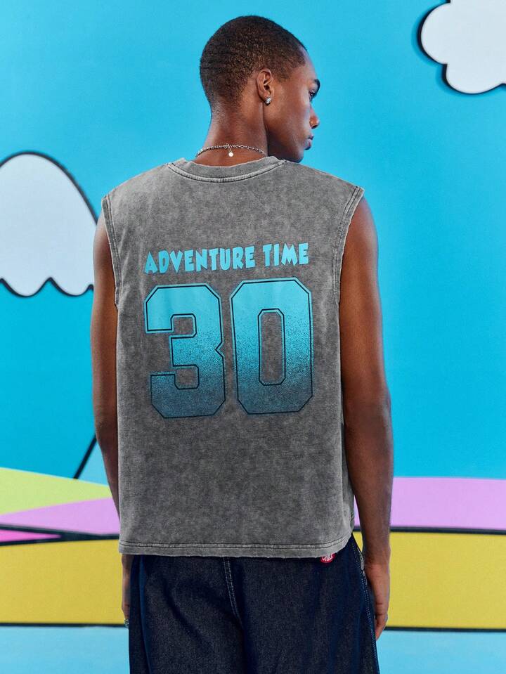 Adventure Time X ROMWE Men's Casual Graphic & Numeric Print Washed Tank Tops