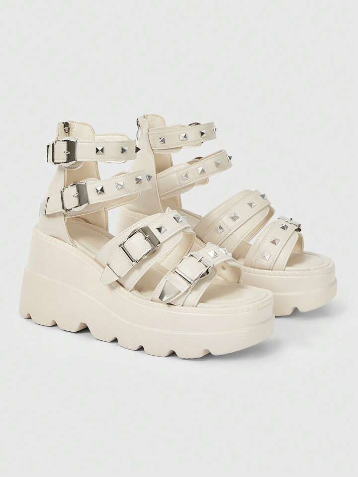 Grunge Punk Fashionable Women's Shoes With Metallic Buckle Design, Open Toe, Platform Sole, 7.5cm Heel Height, Retro Style PU Leather Black Sandals, Suitable For Summer Outing And Dating