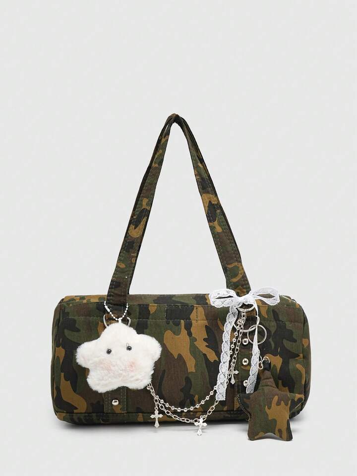 Kawaii Women's Vintage Distressed Ombre Camouflage Cross & Heart Pendant Decor Bowknot Strap Shoulder Tote Bag, Large Capacity One Shoulder Bag With Multiple Pockets