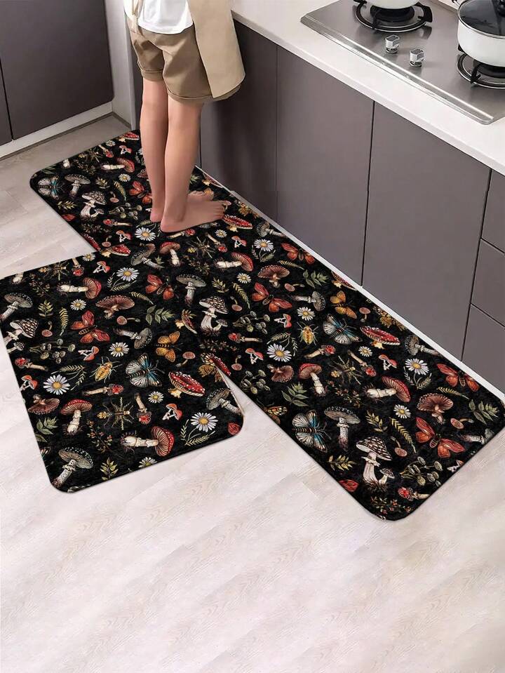 Hippie 1pc Gothic Mushroom Moth Rug - Non-Slip Kitchen Mat With Dark Floral Design, Waterproof Absorbent Floor Pad For Hallway, Bathroom & Altar Decor - Witchy Gothiccore, Dark Academia Home Essentials, Home Decor, Halloween