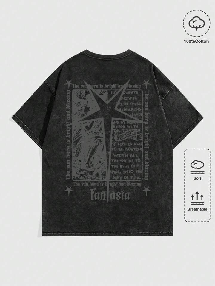 Street Life Acid-Washed Round Neck Printed Casual Short Sleeve T-Shirt, Summer, School