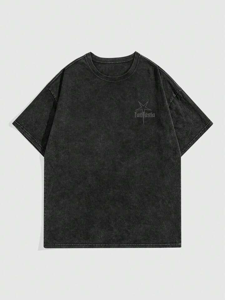 Street Life Acid-Washed Round Neck Printed Casual Short Sleeve T-Shirt, Summer, School