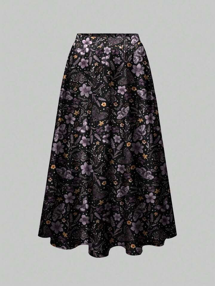 Gothic Dark Floral Print Loose Fit Plus Size A-Line Skirt