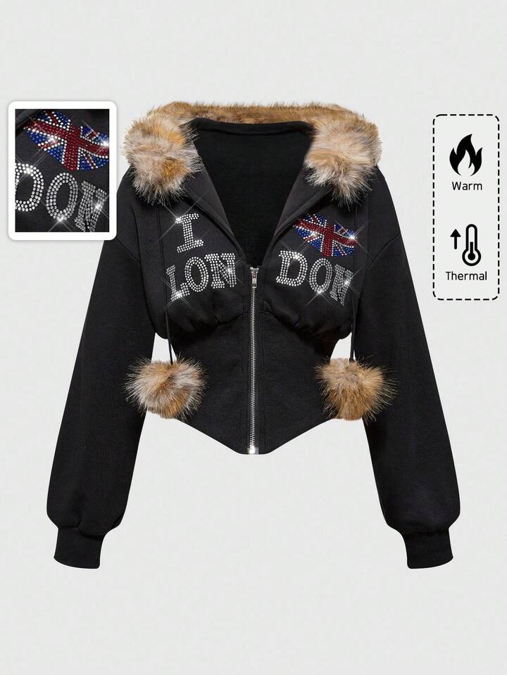 Heart & National Flag Rhinestone Faux Fur Patchwork Fitted Hoodie