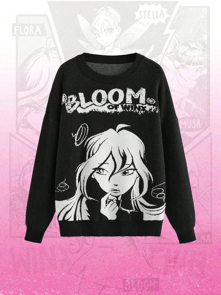 Winx Club X ROMWE Women's Loose Fit Cartoon Character & Letter Print Drop Shoulder Black Sweater