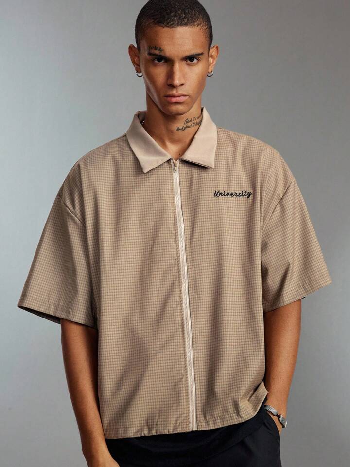 Men's Casual Plaid Zip-Up Shirt, College Style