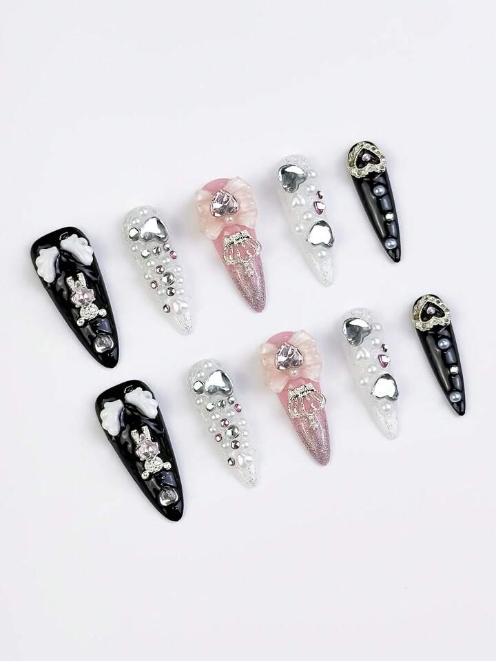 Anime 10pcs Y2K Cute Heart, Star, Bow, Wing Nail Art Stickers With Tape