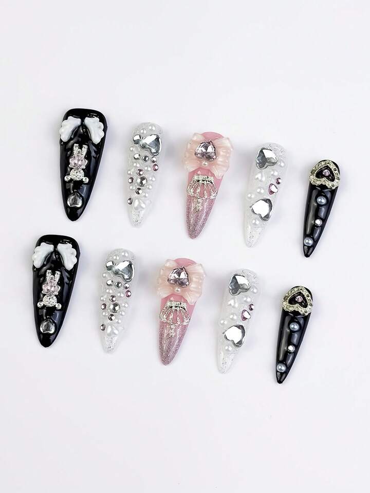 Anime 10pcs Y2K Cute Heart, Star, Bow, Wing Nail Art Stickers With Tape
